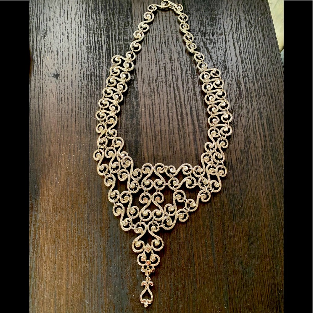 Beautiful Silvertone Cascading Statement Bib Filigree Necklace